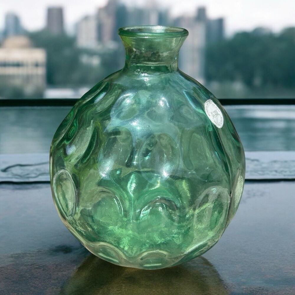 Vidrious San Miguel Sea Glass Green Colored Bulbous Vase Thumb Print W/ Sticker